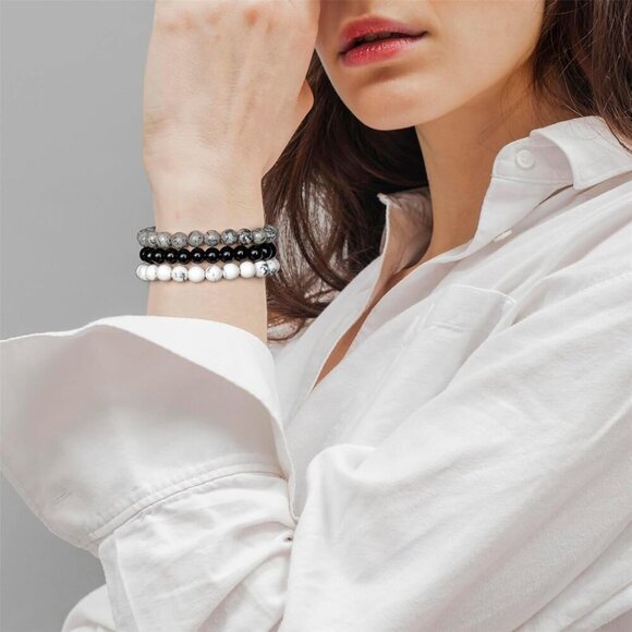 3PCS  Howlite Healing Crystal Natural Stone Beaded Stretch Bracelet for Women - Picture 2 of 6